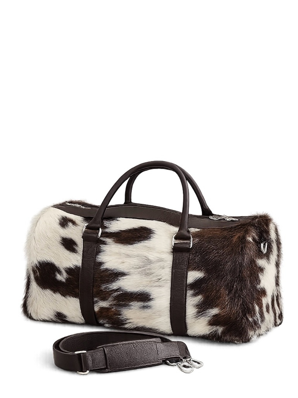 Genuine Cowhide Fur Duffle Bag with Dark Brown Leather Trim